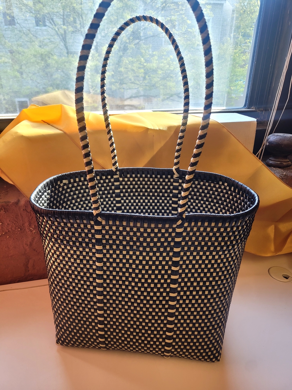 Woven Black and White Medium Open Tote Bag - Classic Check Pattern